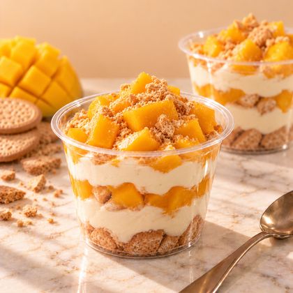 Mango con crema y galleta